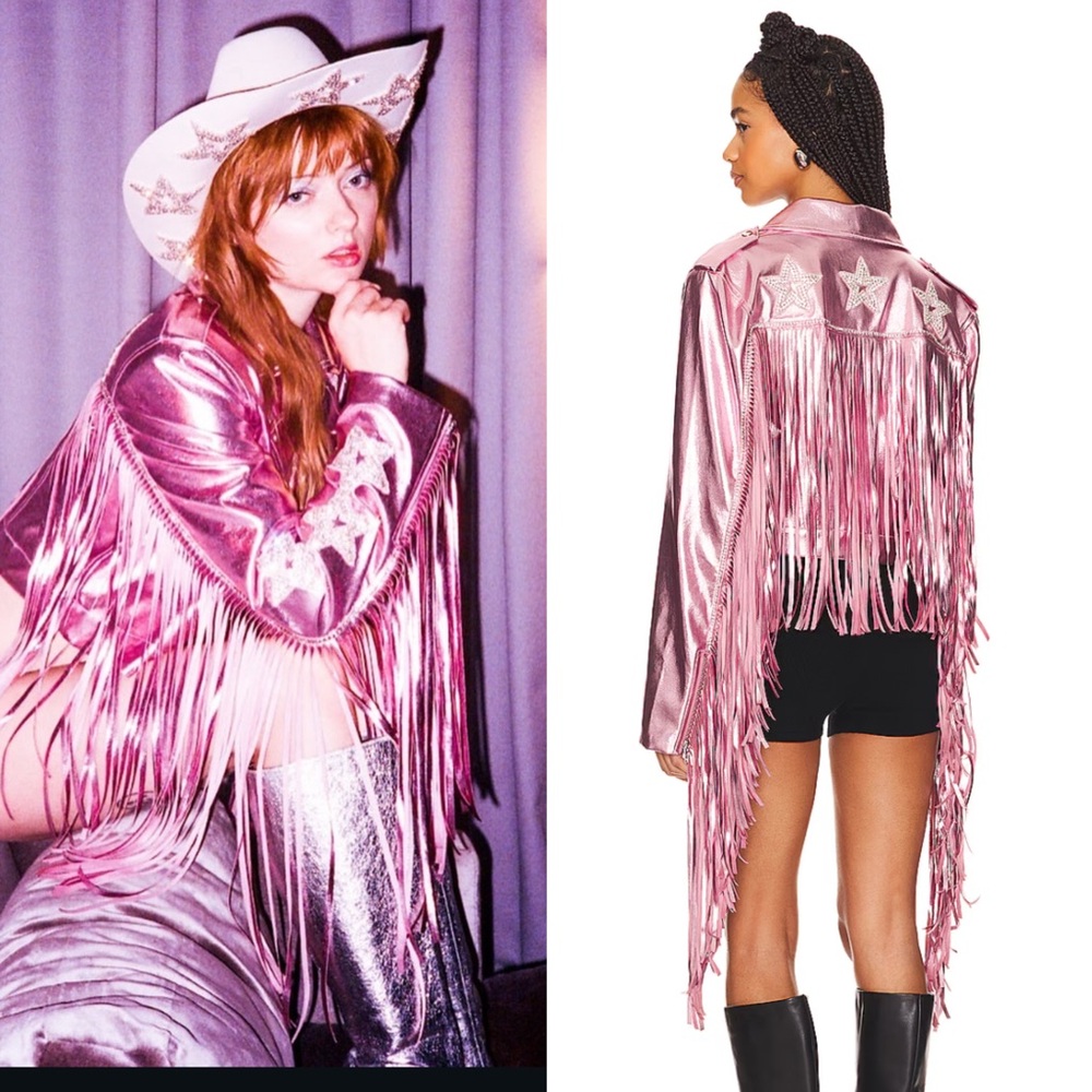 KELSEY RANDALL Revolve NWT Senna Fringe Jacket Rhinestone Rose Quartz Large
